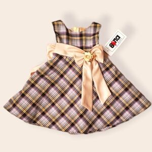 NWT Bona Plaid A-Line Dress with Gold Satin Sash